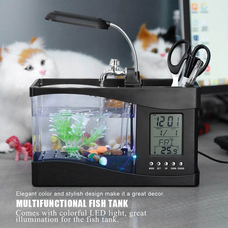 Fish Mini Aquarium Tank Led-ljus Lcd Display Skärm Klocka