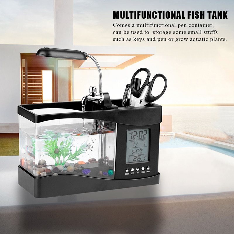 Fish Mini Aquarium Tank Led-ljus Lcd Display Skärm Klocka