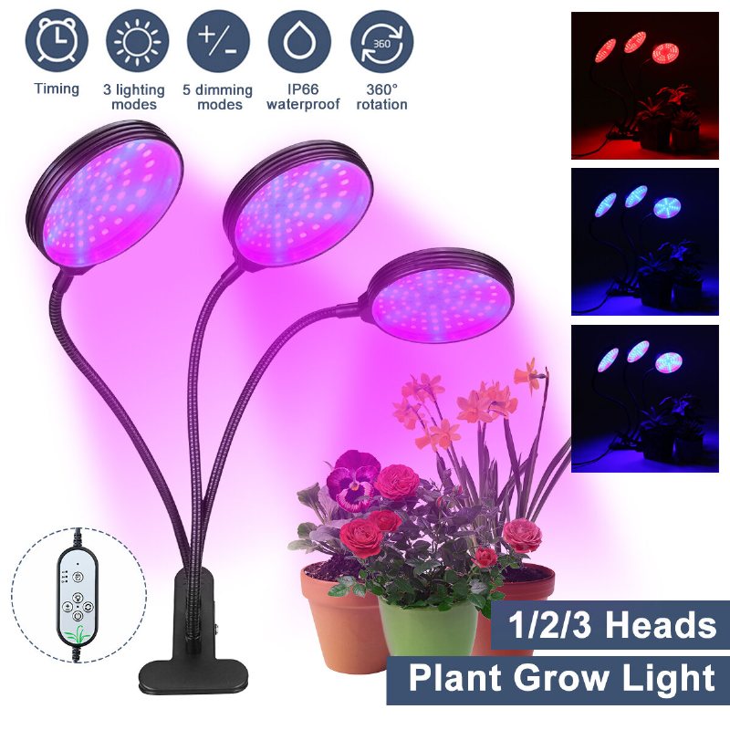 1/2/3 Head Plant Grow Light Led-lampa Hydroponics Växthus Trädgård 360° Flexibel Inomhus Dimbar