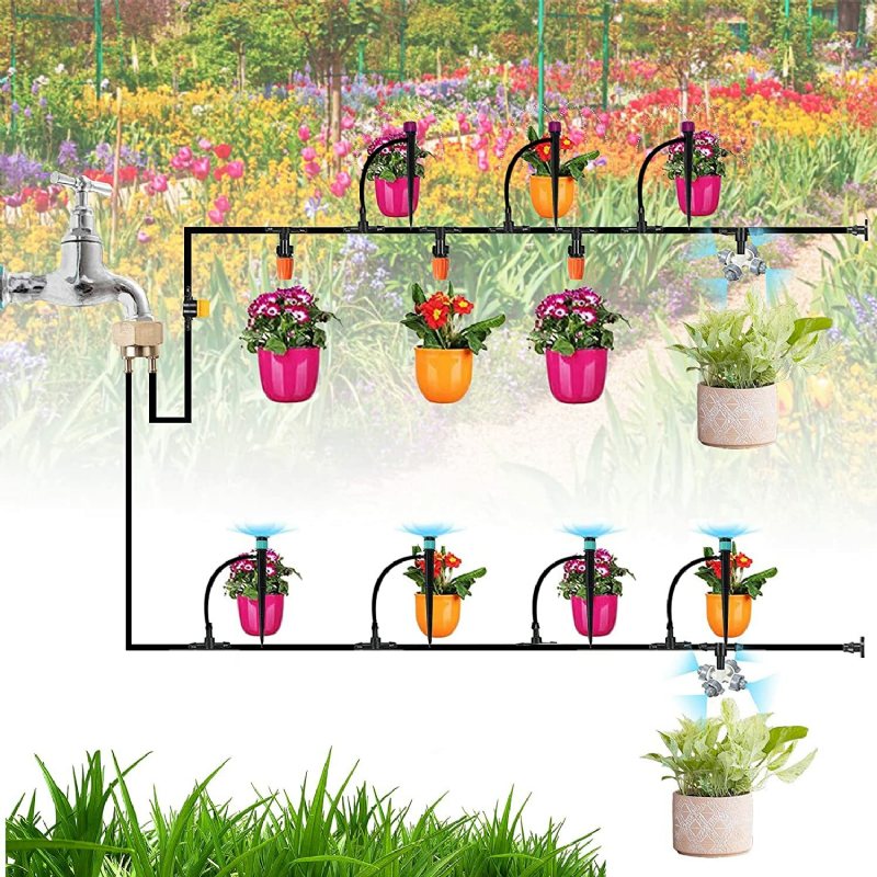 Droppbevattningskit 59ft/18m Trädgårdsbevattningssystem Växthus Uteplats Automatiska Bevattningssatser Med Dubbelvägs Gängad Koppling I Mässing Och 4 Sorters Sprutor Enkel Installationskontroll