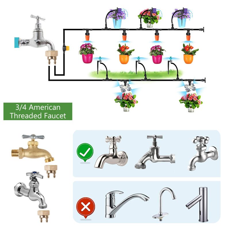 Droppbevattningskit 59ft/18m Trädgårdsbevattningssystem Växthus Uteplats Automatiska Bevattningssatser Med Dubbelvägs Gängad Koppling I Mässing Och 4 Sorters Sprutor Enkel Installationskontroll