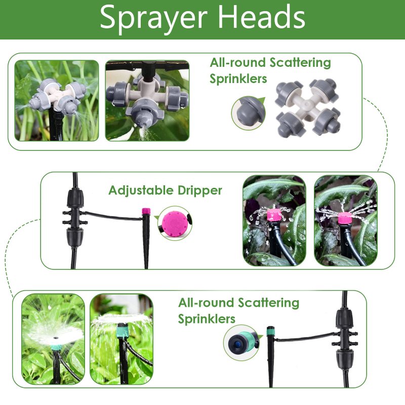 Droppbevattningskit 59ft/18m Trädgårdsbevattningssystem Växthus Uteplats Automatiska Bevattningssatser Med Dubbelvägs Gängad Koppling I Mässing Och 4 Sorters Sprutor Enkel Installationskontroll
