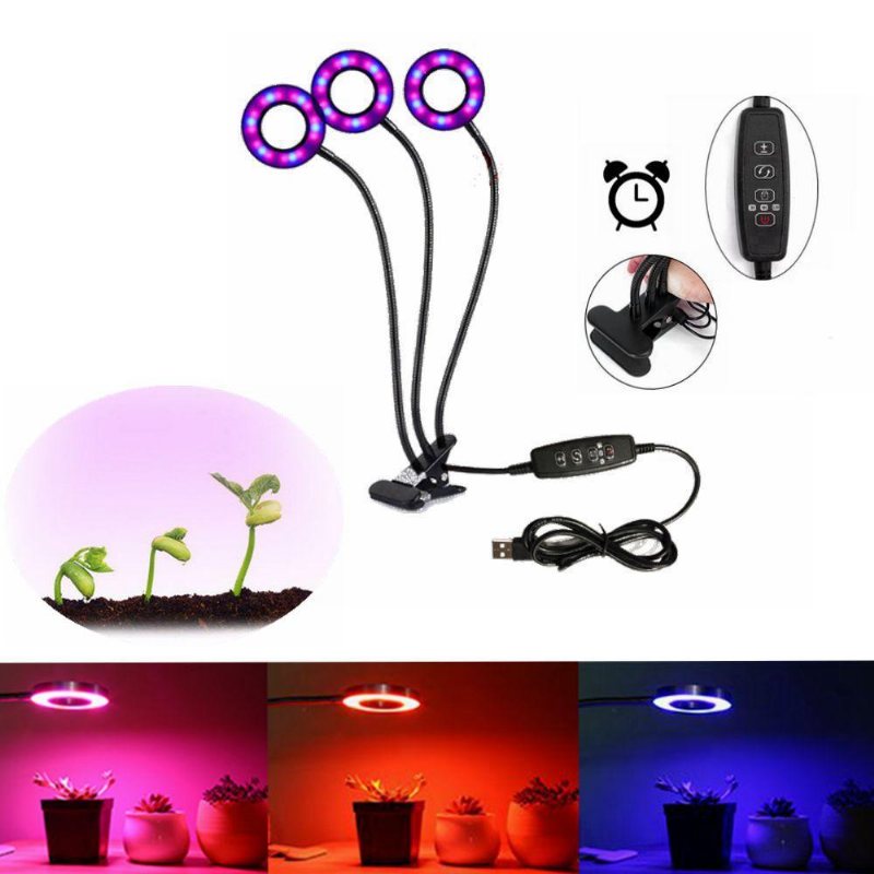 Lustreon Usb 18w 3heads Clip-on Grow Light Dimbar Timing Plant Lampa För Inomhusblomma Dc5v