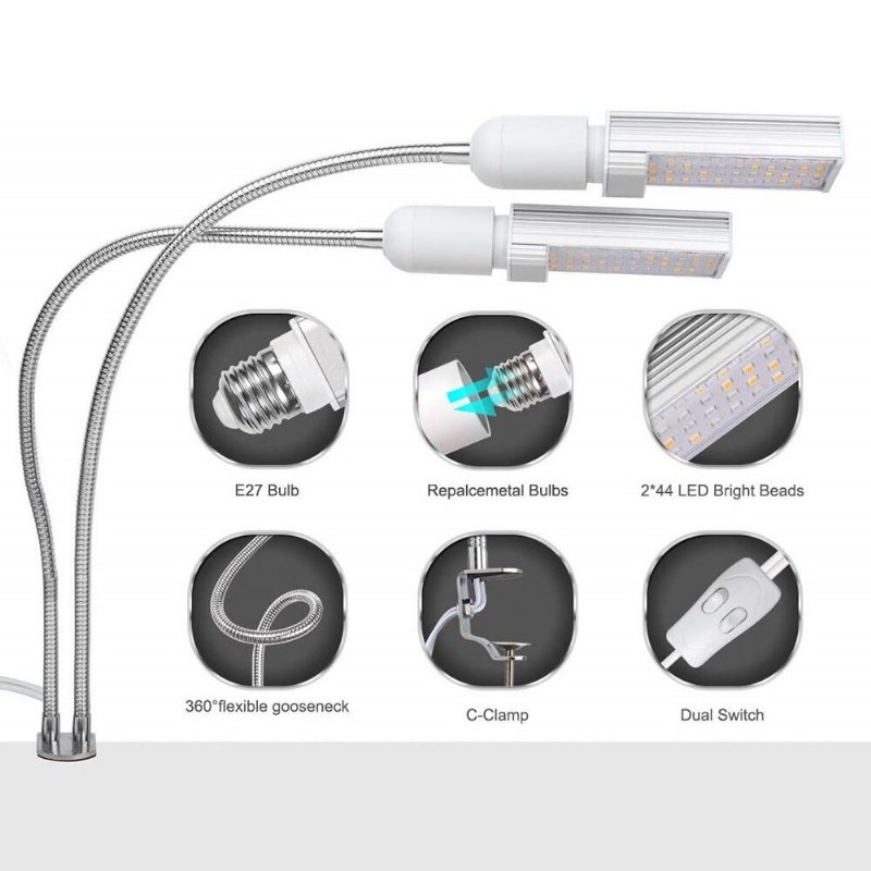 Relassy Led Grow Lights Plant Light Full Spectrum Gult Ljus Led-tillväxt Och Blomning Dubbelhuvud Svanhalsslang Rostfritt Stål