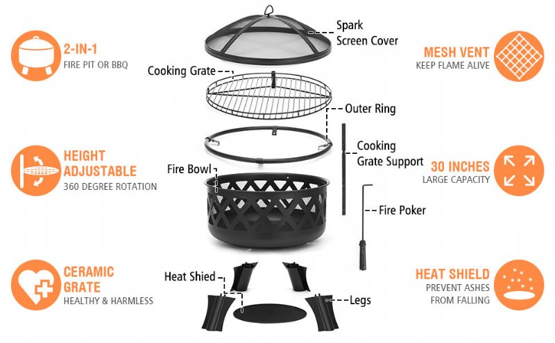 Singlyfire 30 Tum Stora Eldgropar Vedeldad Stål Eldstad Med Svängbar Bbq Grill Askplatta Spark Screen Poker