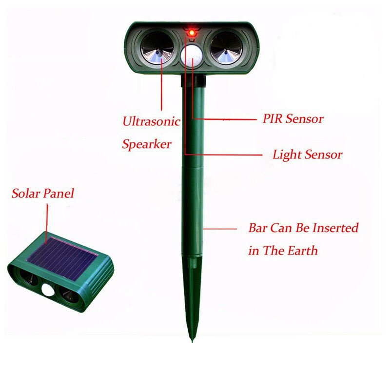 Ultraljud Solar Power Pest Animal Repeller Avvisande Katthund Fågel Mus Räv