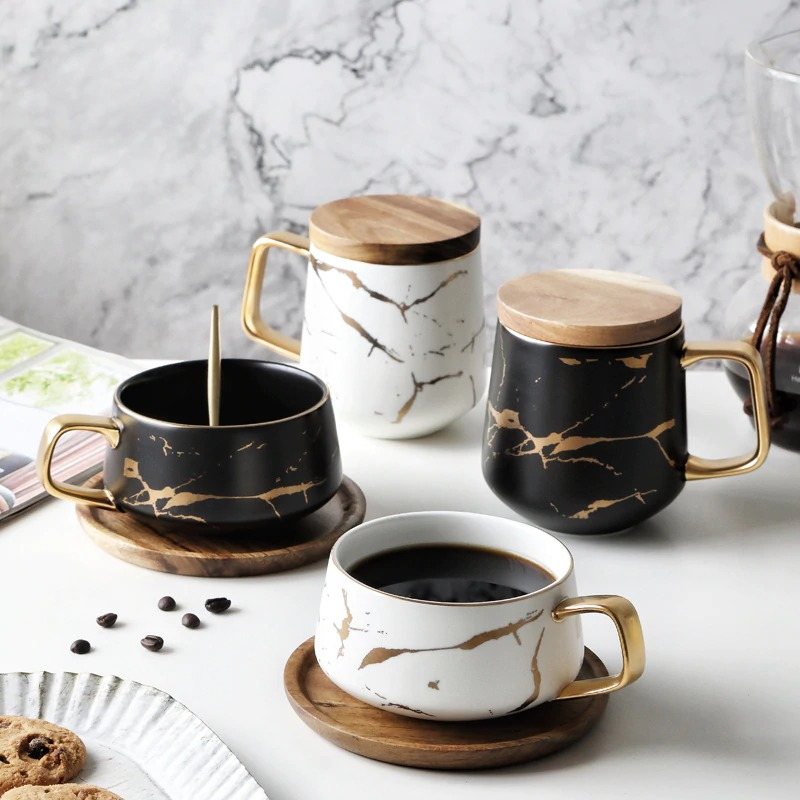 Kaffekoppar Nordic Marble Lyxmuggar Med Fat Och Sked