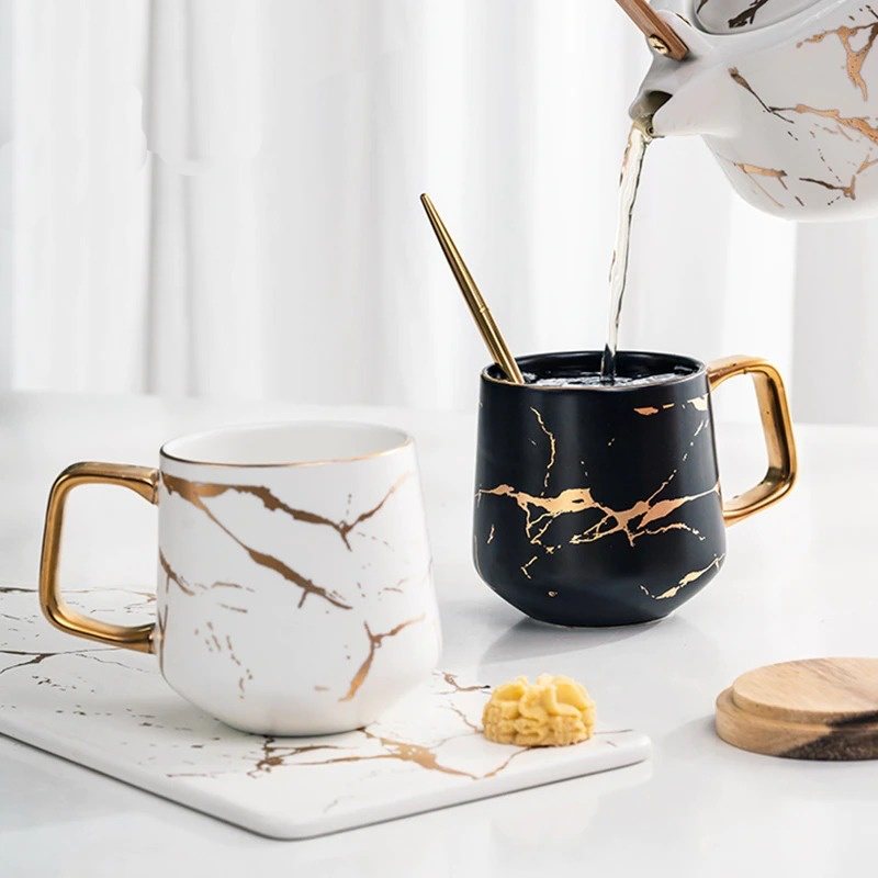 Kaffekoppar Nordic Marble Lyxmuggar Med Fat Och Sked