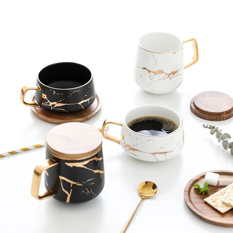 Kaffekoppar Nordic Marble Lyxmuggar Med Fat Och Sked