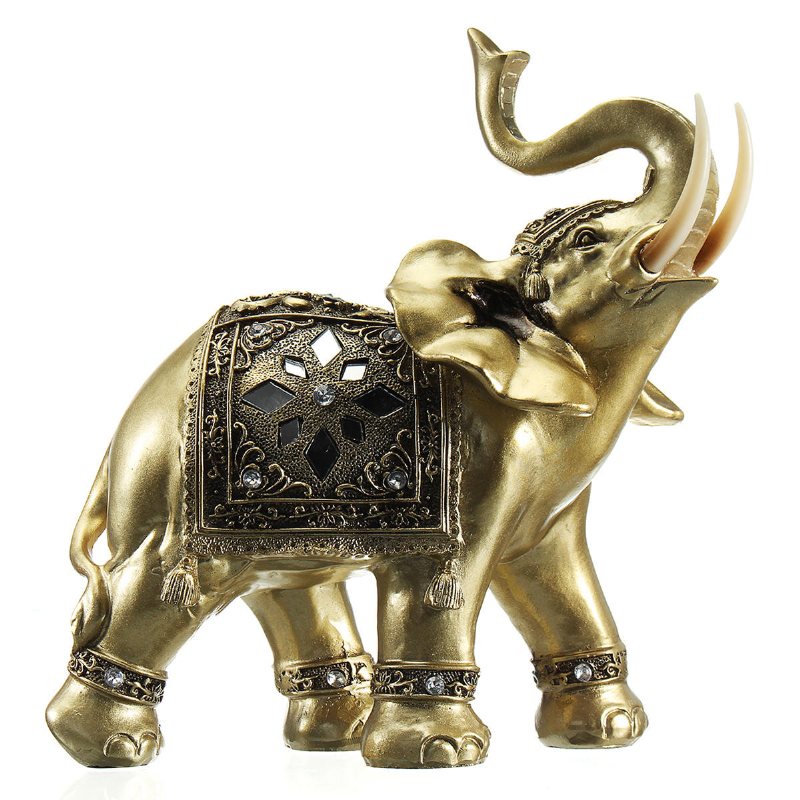 Lucky Charm Fengshui Mascot Golden Elephant Resin Mini Staty Hem Skrivbord Ornament Presenter Hemdekorationer