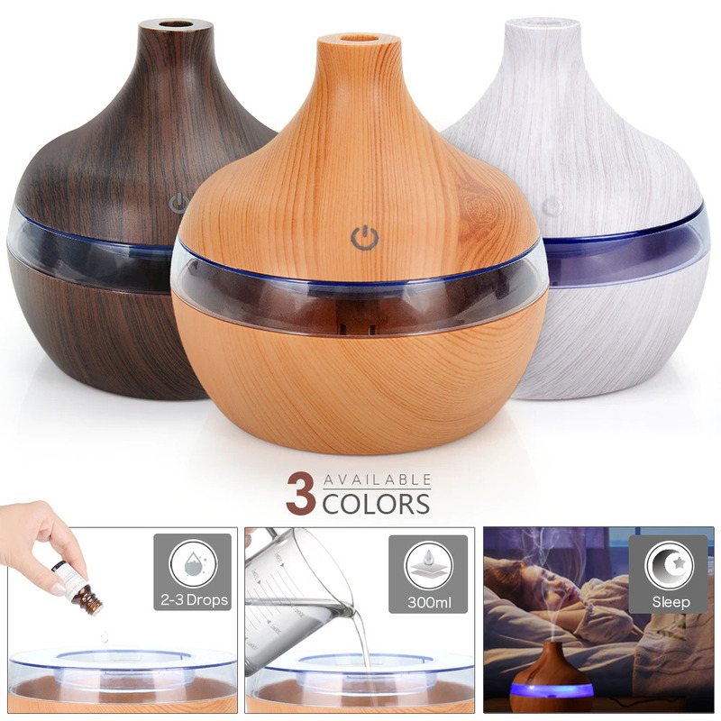 Luftfuktare Elektrisk Essential Aroma Oil Diffuser Ultrasonic Wood Grain Usb Led Light