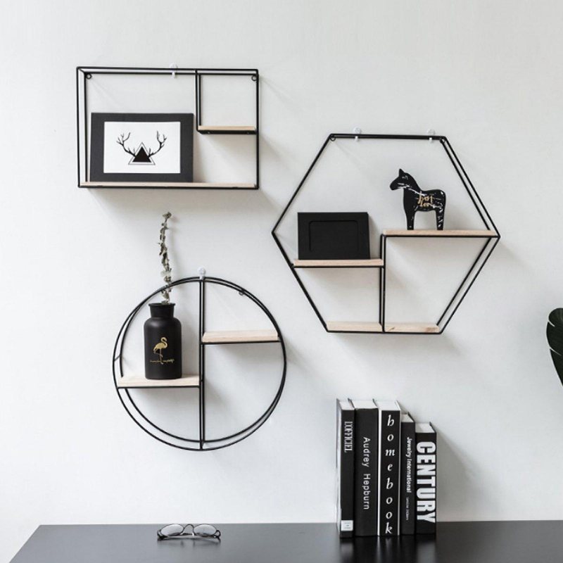 Nordic Geometric Trä Järn Vägg Hylla Växt Display Rack Förvaring Cafe Hemdekorationer