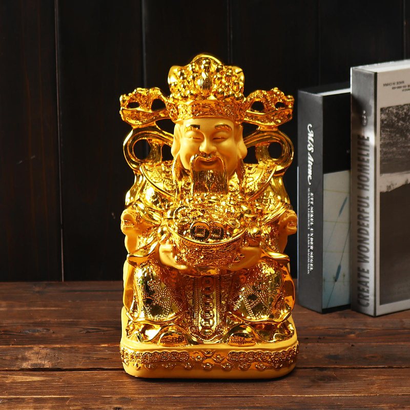 Rikedom Guldplätering Staty Wencaishen Feng Shui Ornament Dekorationer Maskot Ge Dig Mer