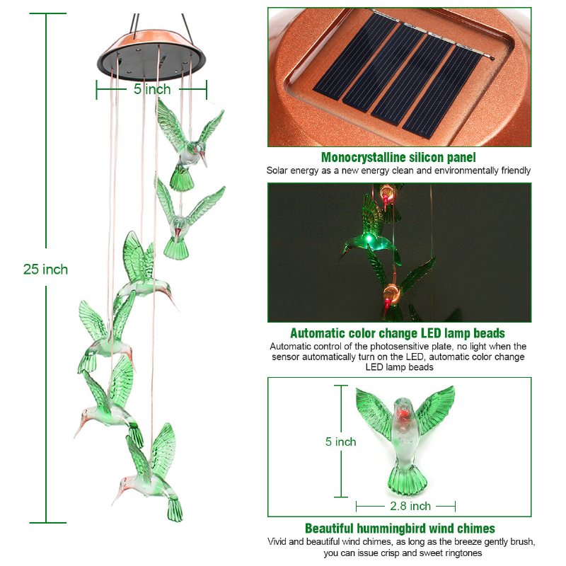 Wind Chime Solar Hummingbird Chimes Utomhus/inomhus Ljusfärg Som Ändras Led Present Till Mamma Och Mormor För Dekoration Av Trädgårdsdekorationer