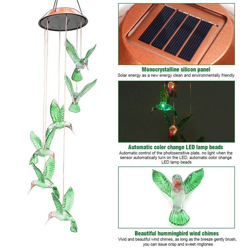 Wind Chime Solar Hummingbird Chimes Utomhus/inomhus Ljusfärg Som Ändras Led Present Till Mamma Och Mormor För Dekoration Av Trädgårdsdekorationer