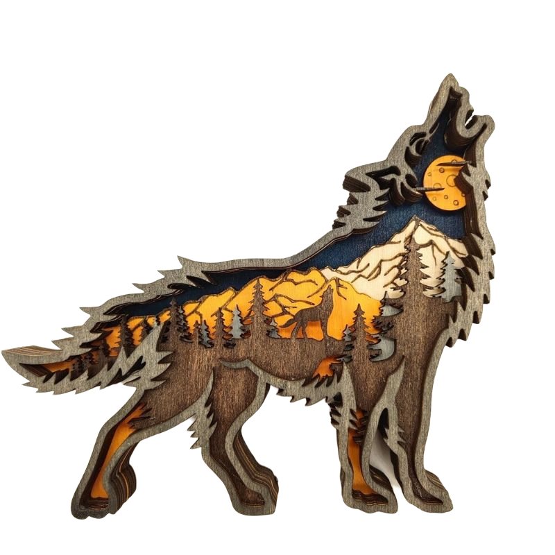 Wooden Wolf Ornament Led Lights 3d Carving