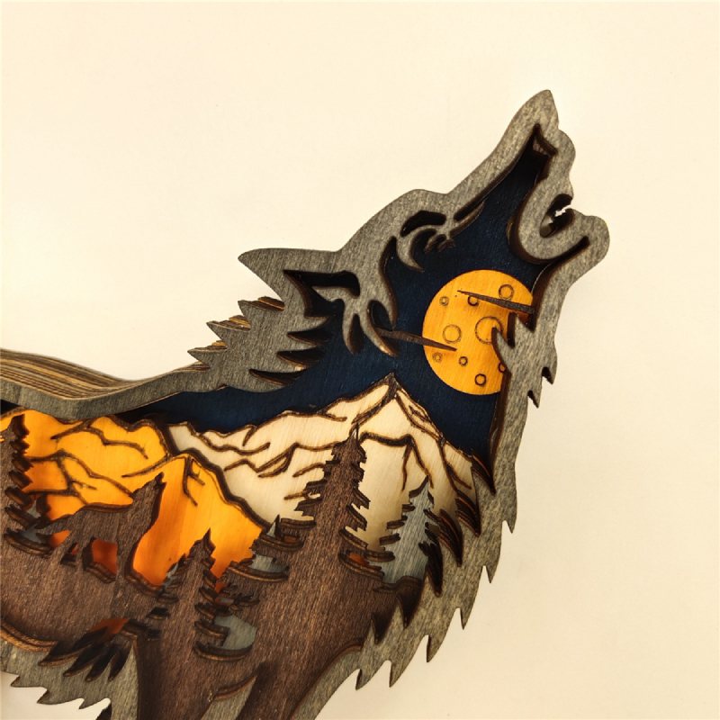 Wooden Wolf Ornament Led Lights 3d Carving