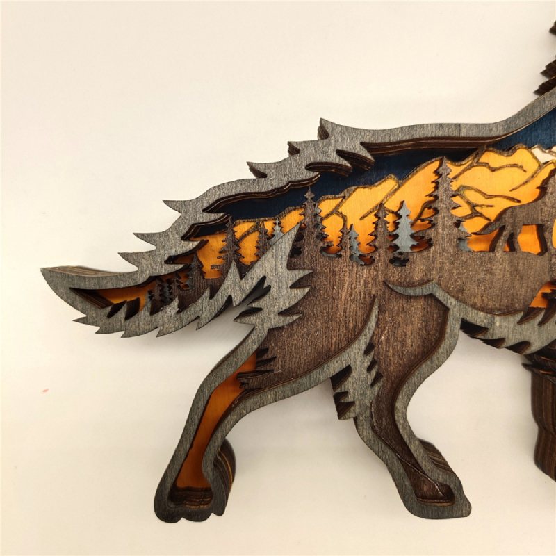 Wooden Wolf Ornament Led Lights 3d Carving