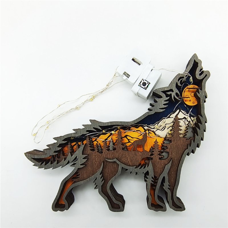 Wooden Wolf Ornament Led Lights 3d Carving