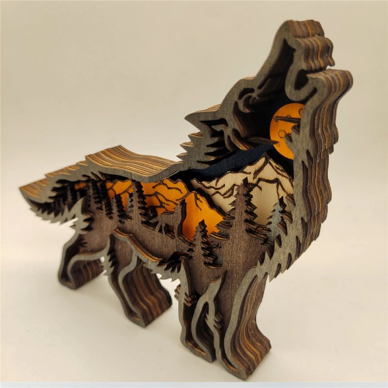 Wooden Wolf Ornament Led Lights 3d Carving