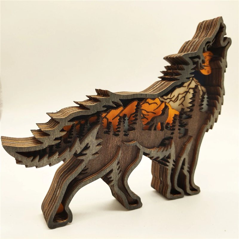 Wooden Wolf Ornament Led Lights 3d Carving