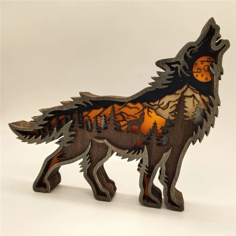 Wooden Wolf Ornament Led Lights 3d Carving