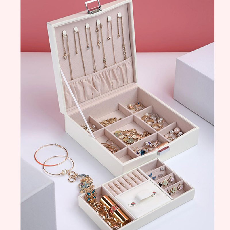 Flanell Fyrkantig Smyckeskrin Enkel Layout 2 Lager Makeup Organizer Choker Ring Halsband Förvaringslåda