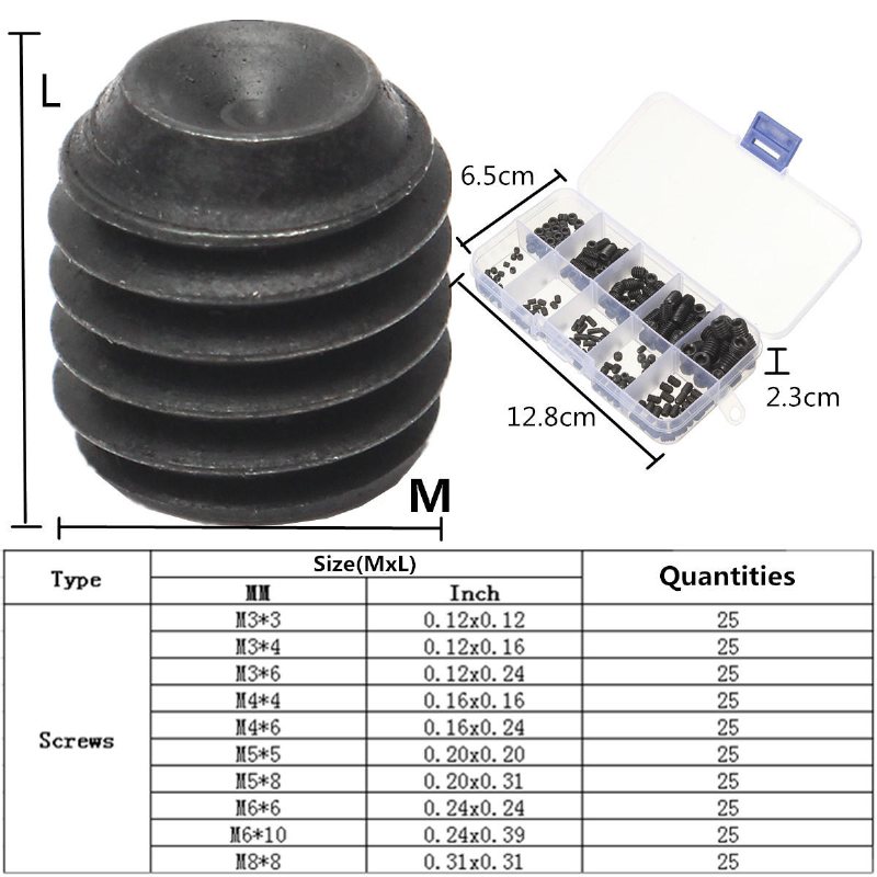 Mxas1 250 St Head Socket Insexset Grub Screw Cup Point Alloy Stål Sortiment Med Fodral