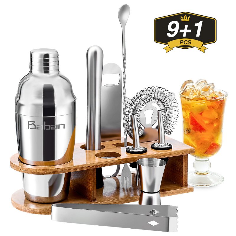 10 St Bartender Kit Med Stativ Cocktail Shaker Set Bar Med Snygg Bambu Stand Perfect Home Bar Tool Set