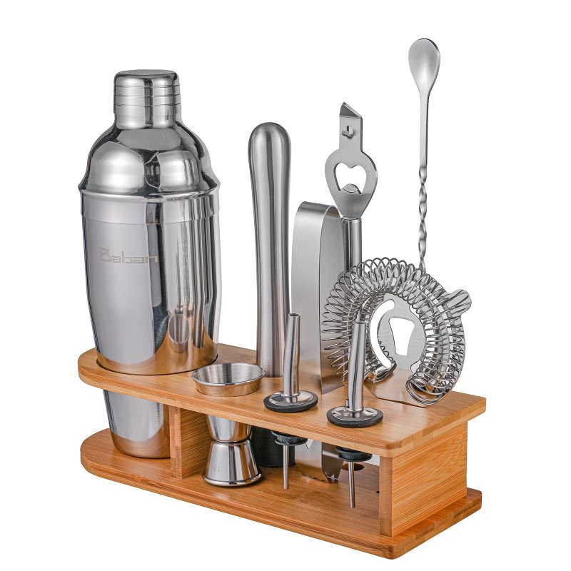 10 St Bartender Kit Med Stativ Cocktail Shaker Set Bar Med Snygg Bambu Stand Perfect Home Bar Tool Set