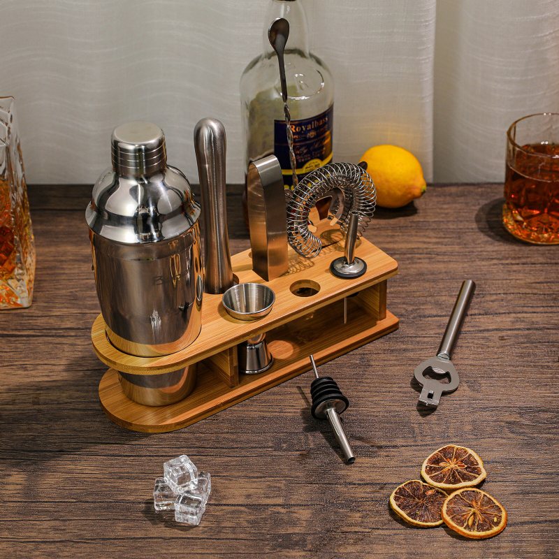 10 St Bartender Kit Med Stativ Cocktail Shaker Set Bar Med Snygg Bambu Stand Perfect Home Bar Tool Set