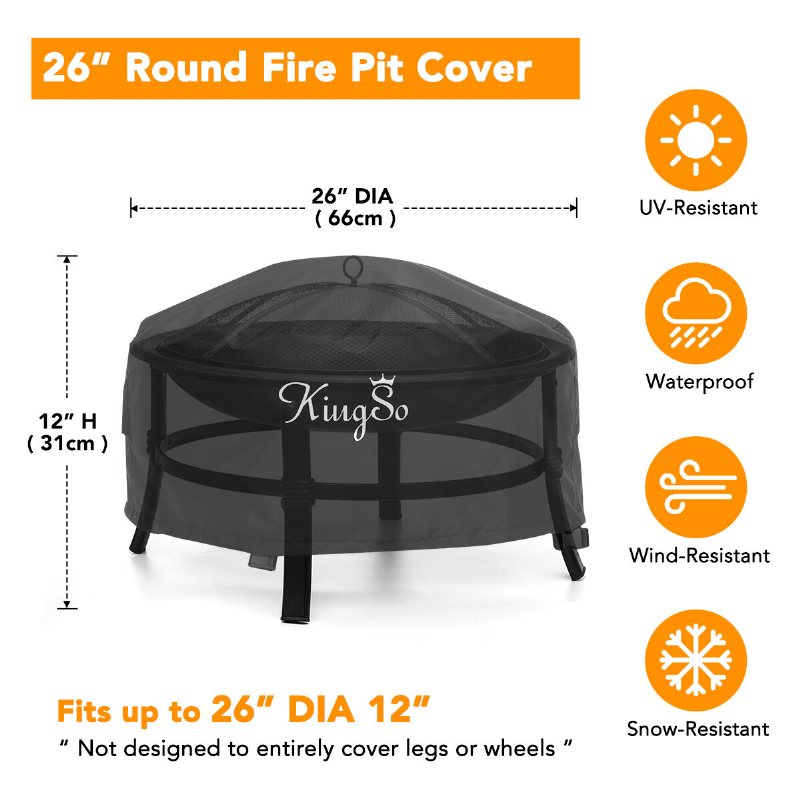 Kingso Outdoor Fire Pit Cover Rund 26" Vattentät 600d Heavy Duty Patio Bowl Med Spännen Dragsnöre Stängning & 2 Luftventiler Tjock Pvc Coat