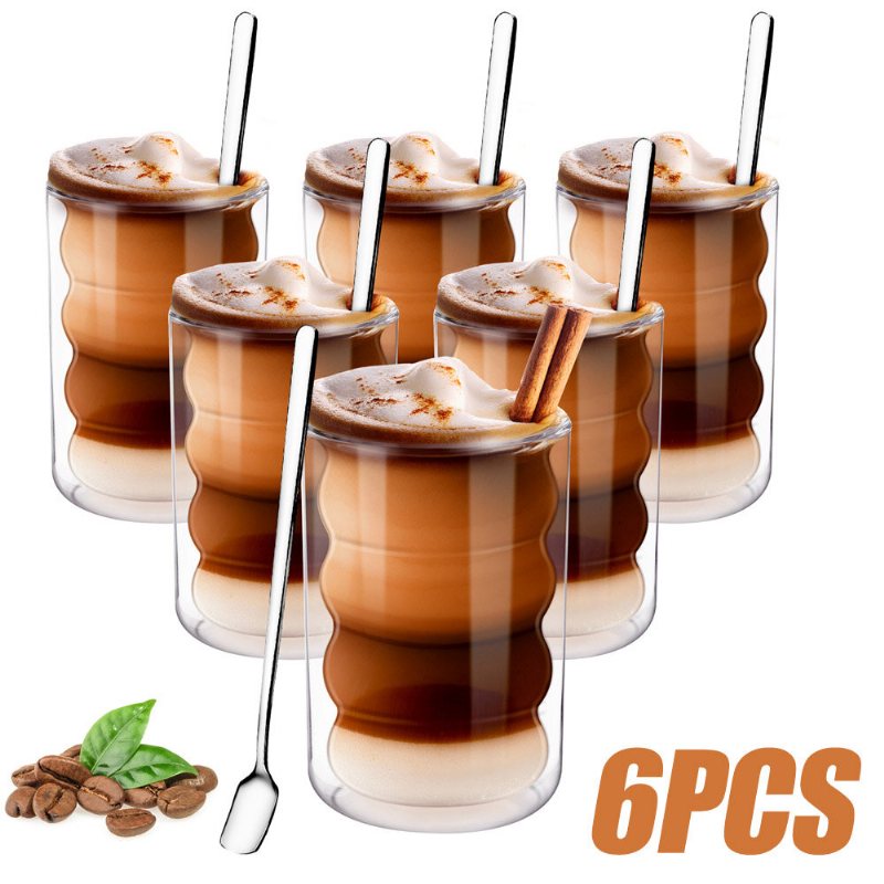 Latte Macchiato Glasögon Dubbelväggiga 350 Ml Set Med 6 Termoglas Gjorda Av Borosilikatglas Espressokoppar Kaffekoppar Dricksglas Capuccinokoppar Glassglas Med 6 Skedar Och 6 Glasunderlägg