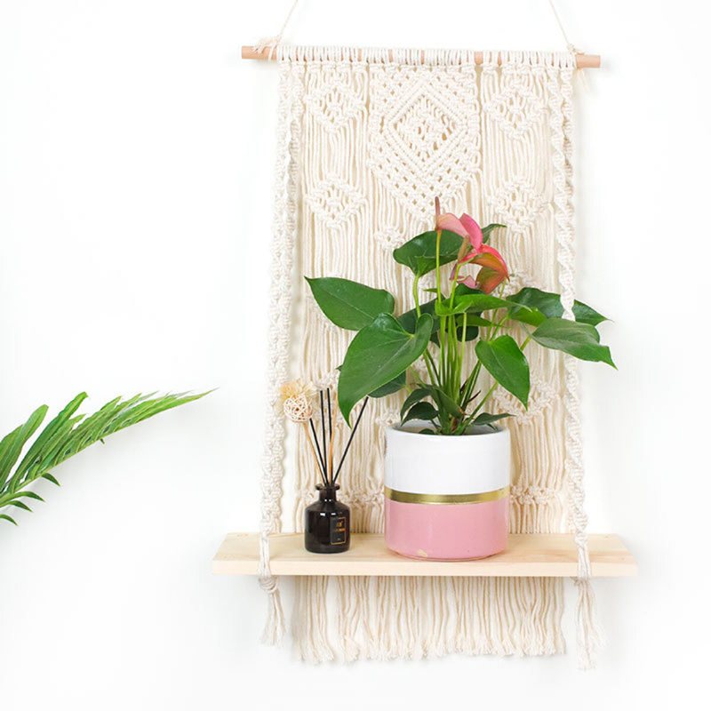 Macrame Plant Hanger Basket Handvävd Gobeläng Trä Kruka Hylla Rumsdekoration