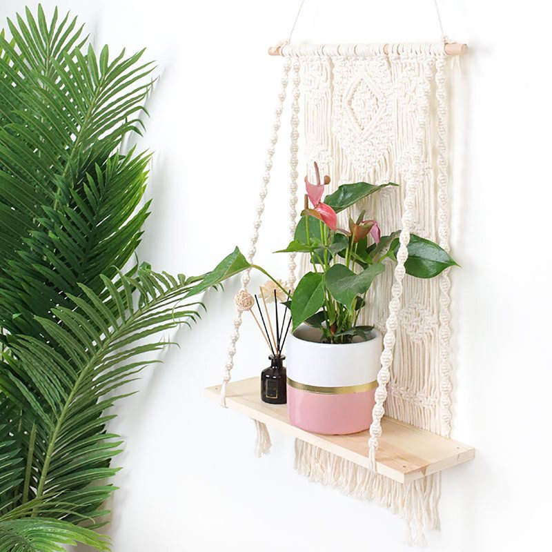 Macrame Plant Hanger Basket Handvävd Gobeläng Trä Kruka Hylla Rumsdekoration