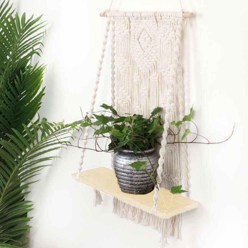 Macrame Plant Hanger Basket Handvävd Gobeläng Trä Kruka Hylla Rumsdekoration