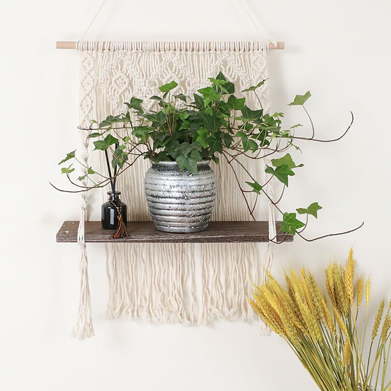 Macrame Plant Hanger Plattform Korg Bohemian Handvävd Gobeläng Trä Pot Hylla