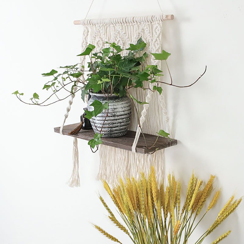 Macrame Plant Hanger Plattform Korg Bohemian Handvävd Gobeläng Trä Pot Hylla