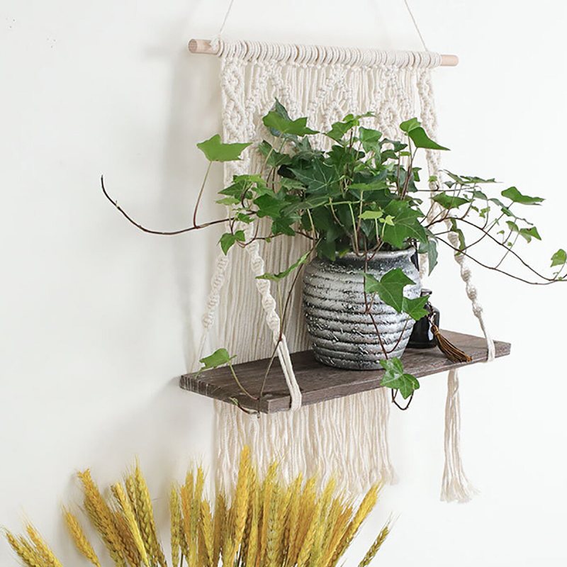 Macrame Plant Hanger Plattform Korg Bohemian Handvävd Gobeläng Trä Pot Hylla