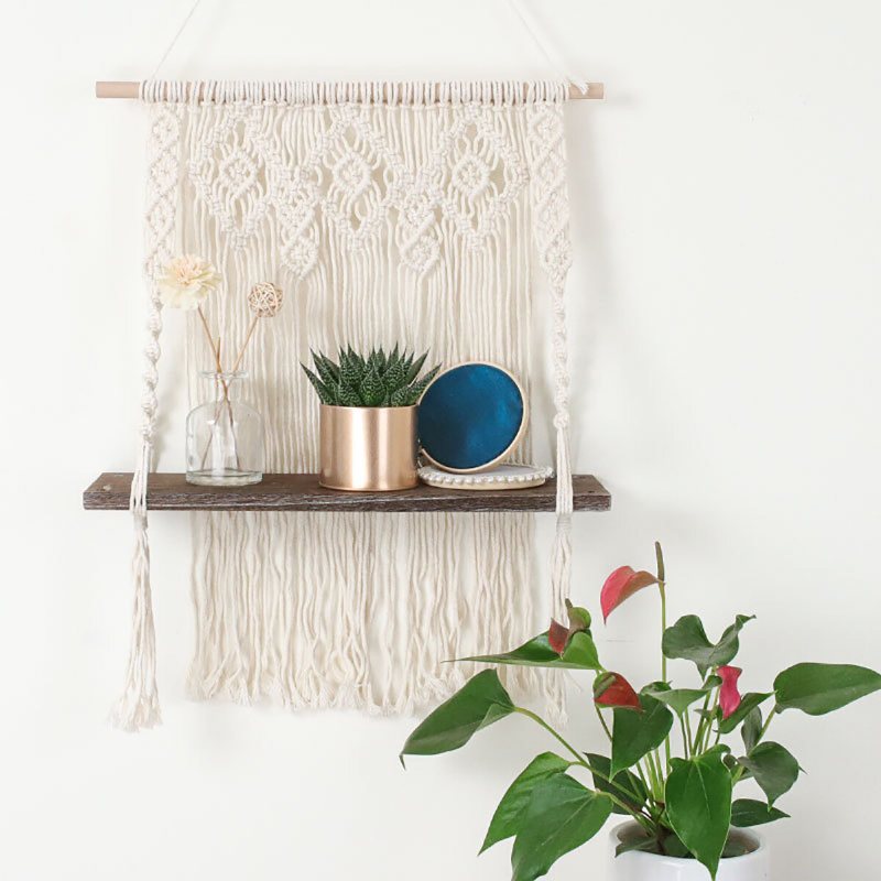 Macrame Plant Hanger Plattform Korg Bohemian Handvävd Gobeläng Trä Pot Hylla