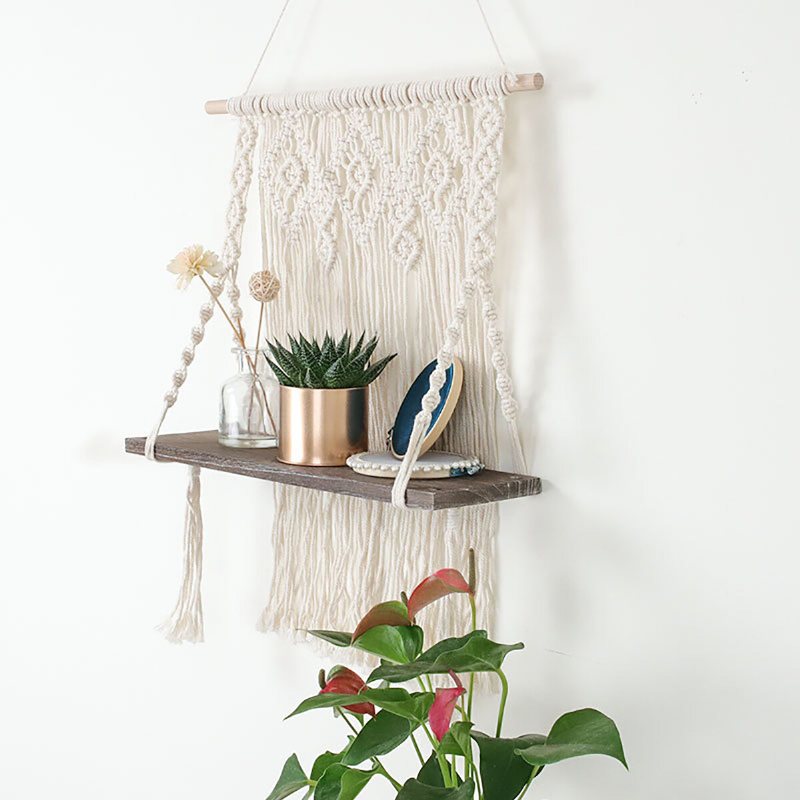 Macrame Plant Hanger Plattform Korg Bohemian Handvävd Gobeläng Trä Pot Hylla