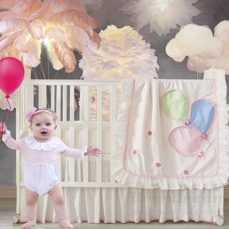 100 % Bomull 3d Blommor & Ballong Patchwork Baby Girl's Nursery Sängkläder Set 3 St Rosa Vit Spjälsäng Med Volangfilt