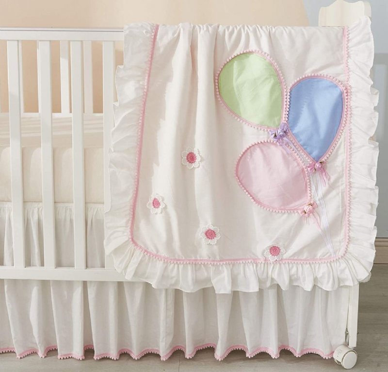 100 % Bomull 3d Blommor & Ballong Patchwork Baby Girl's Nursery Sängkläder Set 3 St Rosa Vit Spjälsäng Med Volangfilt