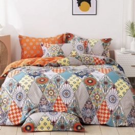 100% Bomull 600 Tc Bohemian Sängkläder Set 3 Styck Multicolor Geometic Påslakan Set Färgglad Damast Orange Och Turkos Boho Vändbar Blixtlås Stängning Täcke Överdrag Set