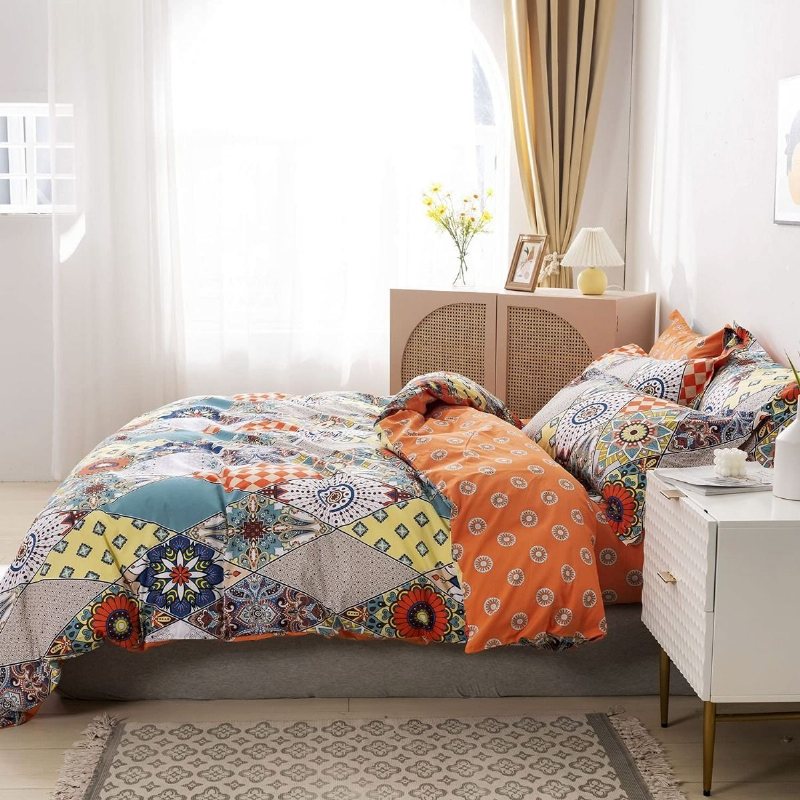 100% Bomull 600 Tc Bohemian Sängkläder Set 3 Styck Multicolor Geometic Påslakan Set Färgglad Damast Orange Och Turkos Boho Vändbar Blixtlås Stängning Täcke Överdrag Set