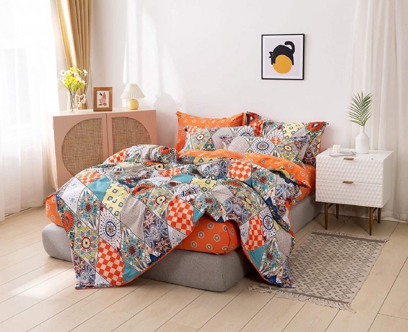 100% Bomull 600 Tc Bohemian Sängkläder Set 3 Styck Multicolor Geometic Påslakan Set Färgglad Damast Orange Och Turkos Boho Vändbar Blixtlås Stängning Täcke Överdrag Set