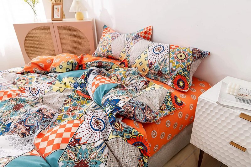 100% Bomull 600 Tc Bohemian Sängkläder Set 3 Styck Multicolor Geometic Påslakan Set Färgglad Damast Orange Och Turkos Boho Vändbar Blixtlås Stängning Täcke Överdrag Set