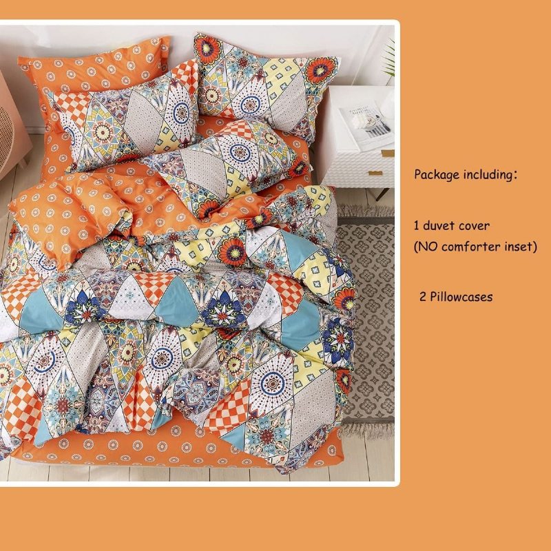 100% Bomull 600 Tc Bohemian Sängkläder Set 3 Styck Multicolor Geometic Påslakan Set Färgglad Damast Orange Och Turkos Boho Vändbar Blixtlås Stängning Täcke Överdrag Set