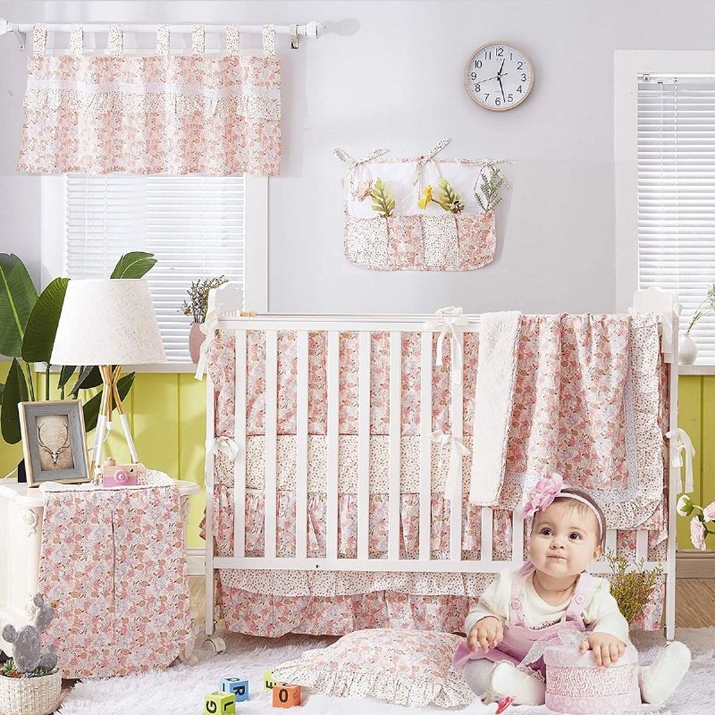 100 % Bomull Blush Rosa Spjälsäng Sängkläder Set Baby Girls Ruffel Farmhouse Blommig Nursery För Shower Present