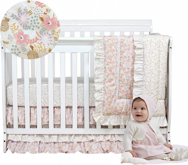 100 % Bomull Blush Rosa Spjälsäng Sängkläder Set Baby Girls Ruffel Farmhouse Blommig Nursery För Shower Present